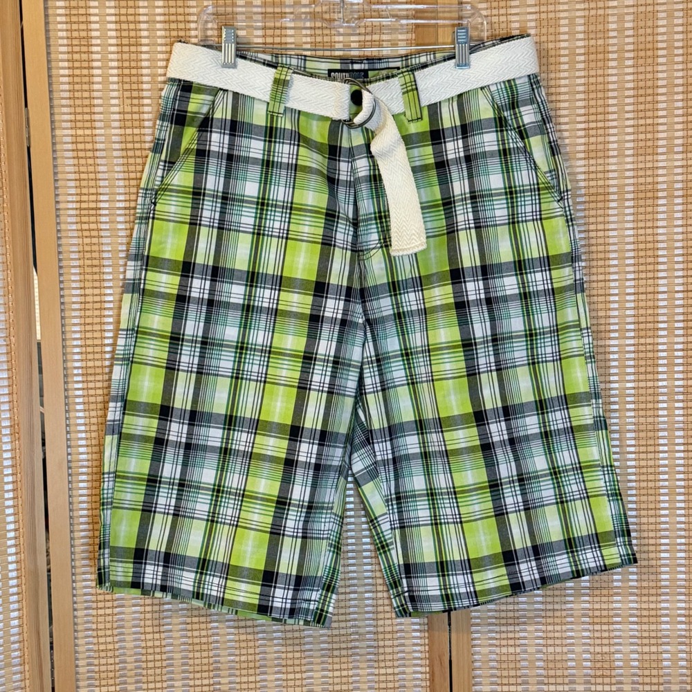 Southpole Mens Plaid Shorts Lime Green Black White Y2K Streetwear Size 36 Belted